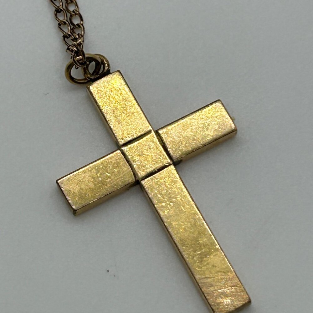 Vintage Art Deco Etched Gold-tone Cross Necklace and Chain 1930 Thumbsless Clasp - Picture 8 of 12